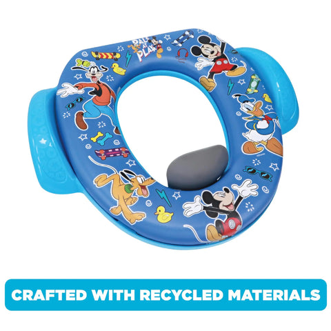 Toddler Potty Training Seat With Plush Removable Pad And Sturdy Grip Handles Fitting Regular Or Elongated Bowls quick wipe down design, featuring Mickey Mouse characters.