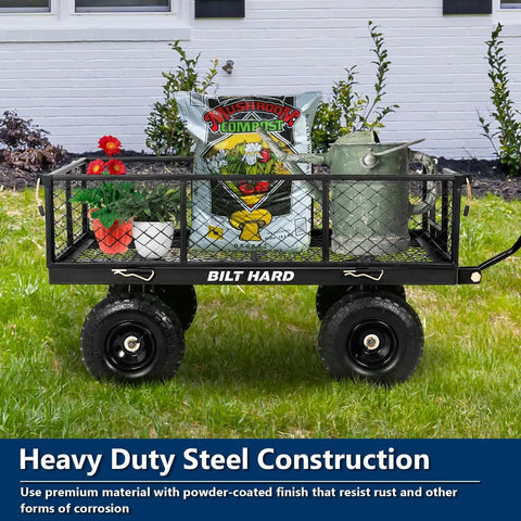 10-Inch No-Flat Tires Heavy Duty Garden Cart With 180 Degree Rotating Handle And Removable Sides 4 Cu Ft 880 Lbs Capacity Utility Steel Wagon loaded with garden supplies