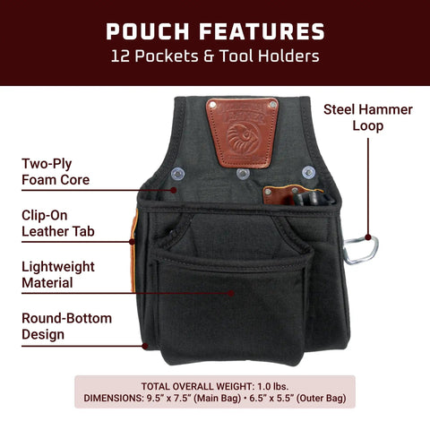 Close-up of Handy Compact Tool Bag for Finish Carpentry Light Framing and Trim Work with foam core, 12 pockets, and leather tab.