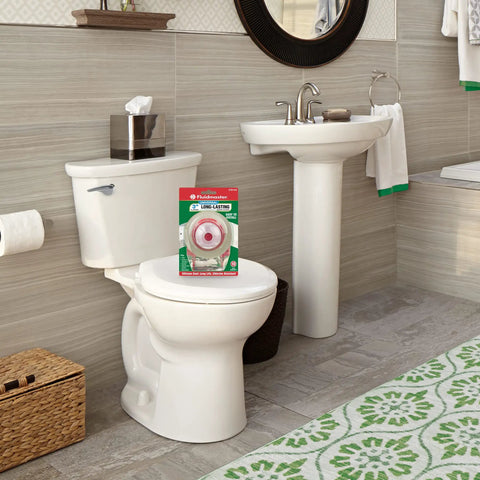 Adjustable Water Saving 3 Inch Toilet Flapper Red Model 513A-016-P4 Compatible, showing packaging on toilet seat in bathroom.