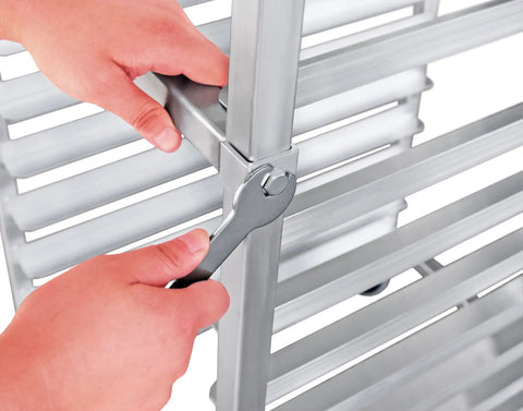 Close-up of assembling No Sweat Commercial Aluminum Sheet Pan Rack, Heavy Duty 20 Tier Bun Pan Organizer with glide ease.