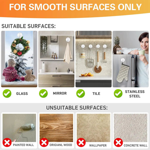 Rock Solid Invisible Suction Cup Hooks Twelve Pack Clear Reusable Removable on glass, tile, and mirror showing suitable surfaces.
