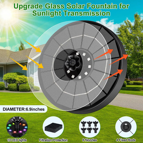 Solar Fountain Pump With 3 Spray Heights, Upgraded Glass Panels And Led Lights, 6 Nozzles, outdoor use, black, solar panel design