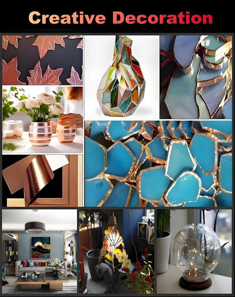 Home decor collage of nine items including stained glass pieces, blue mosaic art, vases, and lamps