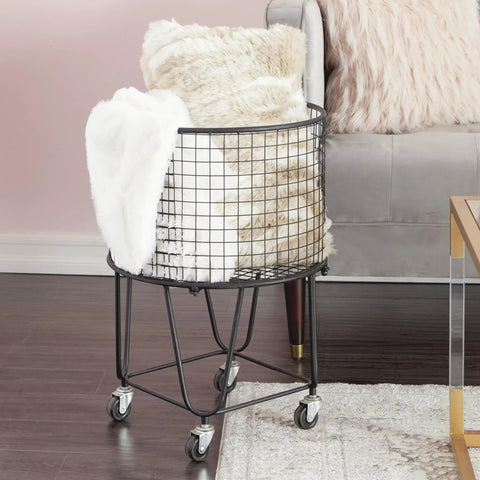 Rugged Metal Storage Cart With Rolling Mesh Laundry Hamper Deep Set Black Finish Industrial Style Organizer For Home Or Laundry Room