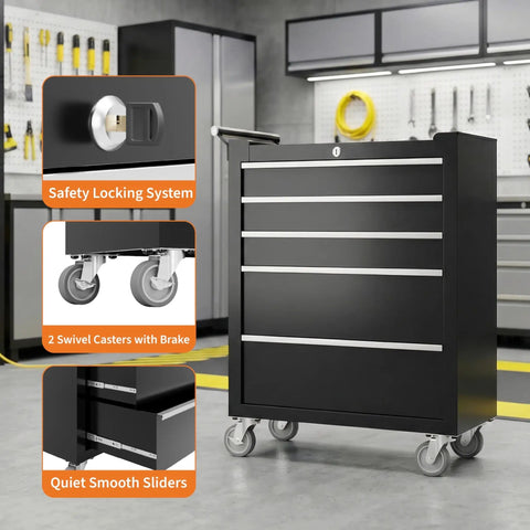 5 Drawer Rolling Tool Chest On Wheels With Locking System And Drawer Liners Beefy Heavy Duty Steel Tool Storage Cabinet For Workshop Garage Or Warehouse Industrial Grade Black in a garage setting.