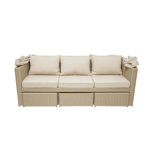 Top Shelf Wicker Patio Couch With Cabana Canopy And Ottoman Set featuring a beige three seat bench with plush cushions.