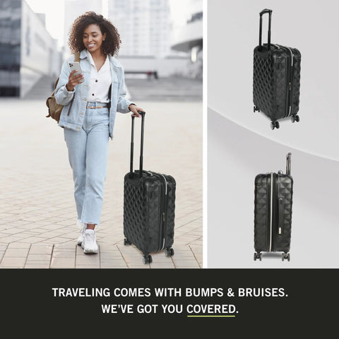 Kenneth Cole REACTION Diamond Tower 28-inch black hardside expandable spinner luggage, being pulled
Kenneth Cole REACTION Diamond Tower 28-inch black hardside luggage close-up with diamond-pattern shell
Kenneth Cole REACTION Diamond Tower 28-inch black hardside spinner luggage side view with extended handle