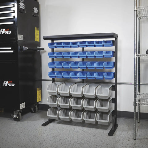 Heavy Duty Garage Organization Workhorse Storage Rack With Powder Coated Steel Rails And Hella Sturdy 47 Super Polypropylene Bins, displayed with blue and gray bins.