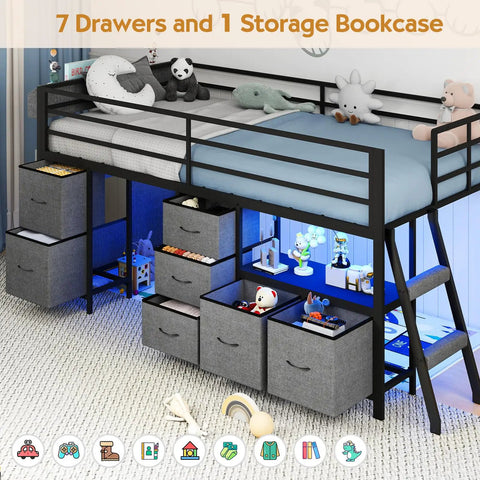 Low Loft Bed For Kids With Seven Storage Drawers And Built In Bookcase Twin Size Space Saving 14 Inch Guardrail Inclined Ladder LED