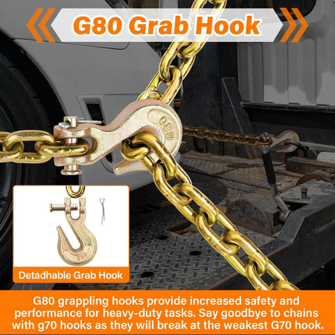 Beefed Up Heavy Duty G80 Transport Binder Chain With Clevis Grab Hooks Five Sixteenth Inch To Three Eighths Inch Ten Foot Tow Chain 4900 Lbs Working Load Limit Great For Logging And Recovery Jobs showing close-up of detachable grab hook