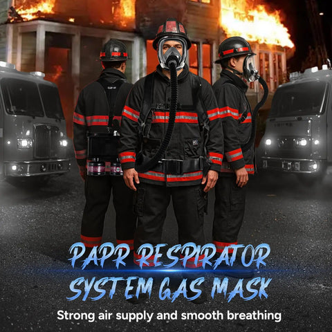 Full Face Papr Respirator With Powered Air Purification And Carbon Filter Handling Dust Paint And Strong Fumes For Trades Pros, worn by professionals in firefighting gear.