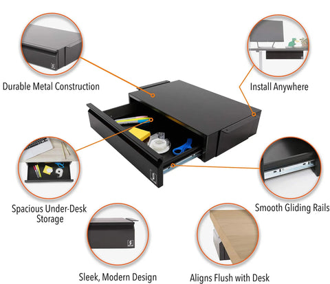 Solid Under Desk Drawer With Smooth Glide Tracks, No Fuss Pull Out Storage Bin, Quick Mount Workstation Rack, Super Clean Office Setup Organizer Black open with supplies inside.