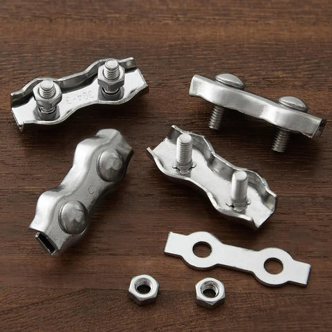 Built Different 304 Stainless Steel Wire Rope Clips 12 Piece Double Bolt Cable Clamps on wood background, showcasing heavy-duty design.