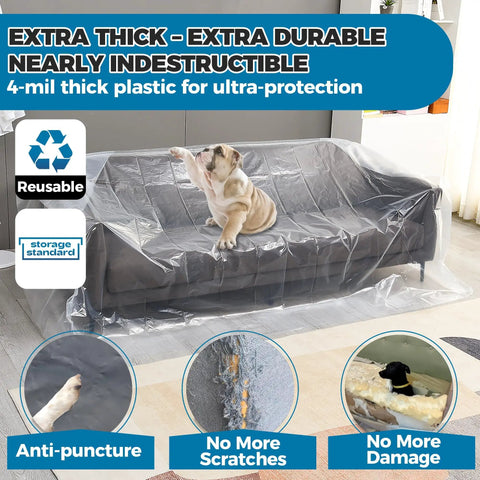 Heavy Duty Plastic Couch Cover For Moving And Storage Waterproof Clear Sofa Wrap on sofa with dog, anti-puncture feature shown