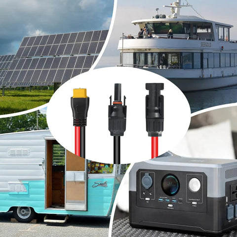 MC4 To XT60 Solar Extension Cable 2Ft 10AWG Pro Grade Copper Core Charge Lead For Portable Power Stations And DIY Solar Kits Heavy Duty Build With Safe Insulation And High Conductivity connectors shown with applications in RVs, boats, solar panels, and power stations.