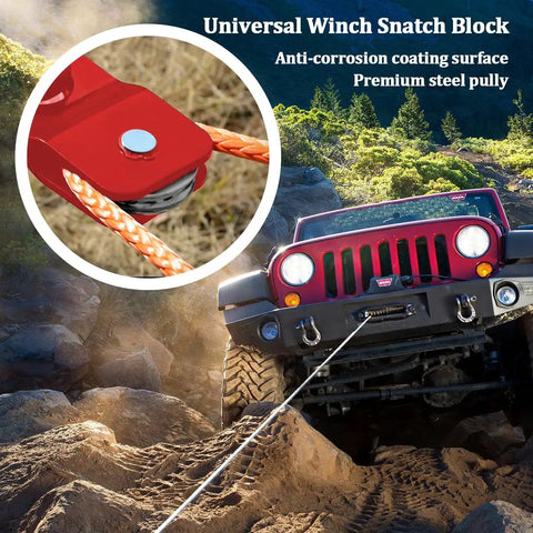 4 Ton Recovery Winch Snatch Block for Beefy 8800 Lbs Capacity, Tough Truck and Off Road Recovery Pulley, Heavy Duty Universal Accessory for ATV UTV Towed Vehicles, Solid Steel Build in Red, red steel winch snatch block on off-road Jeep