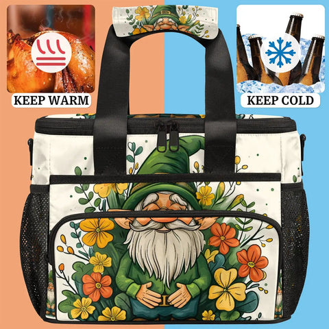 Insulated picnic backpack with lunch box, floral tote style, featuring a whimsical garden gnome print, 12x9x10 inch capacity.