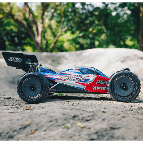ARRMA Typhon 1 Eight Scale RC Buggy Ready To Race 6S 4WD BLX RTR With TLR Tuned Parts And Spektrum Electronics Race Spec Red Blue Body