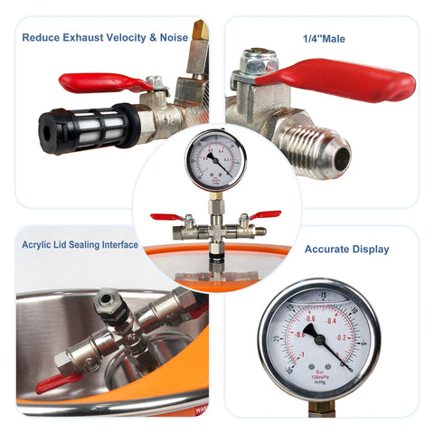 Front view of BACOENG 1-gallon stainless steel vacuum chamber kit with gauge, red-lever valves and fittings
