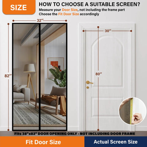 Magnetic Screen Door For 28x80 Inch Openings, No Frame Needed, Easy Magnetic Closure shown next to door with measurement details