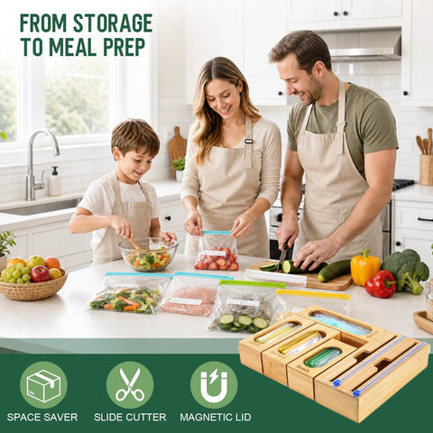 Premium Bamboo Kitchen Drawer Organizer With Five Slots For Snack Quart And Gallon Bags Plus Foil And Wrap Holder to organize meal prep.