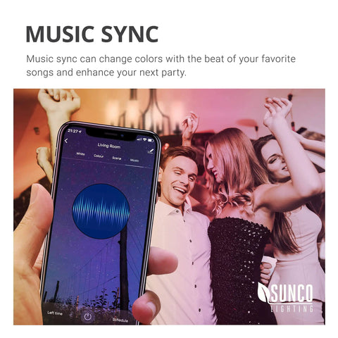 Party scene with smartphone displaying app for 10 Pack WiFi LED Smart Bulb B11 Candelabra 4 5W E12 Base Color Changing RGB And CCT Dimmable With Alexa And Google Assistant No Hub Required Ideal For Voice Control Remote App Management And Mood Lighting In Any Room