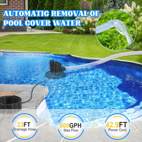 Pool Cover Pump 3000 LPH Automatic On Off Submersible Water Pump with hose draining water from pool cover