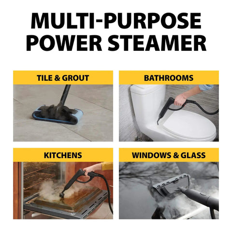 On Demand Steam Cleaner And Wallpaper Remover Multipurpose Power Steamer With 1500W 18 Attachments in use on multiple surfaces