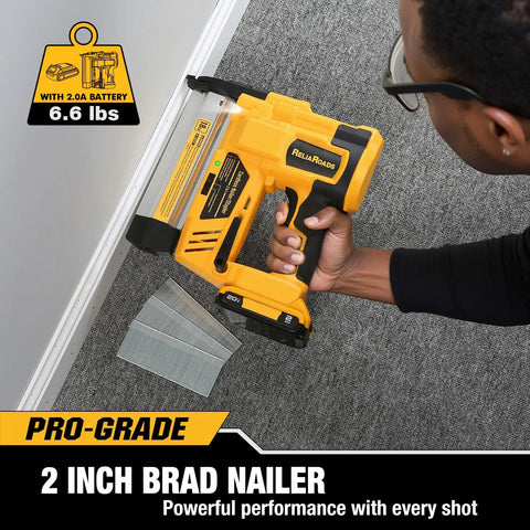 Pro Gear Cordless Brad Nailer 18 Gauge Two Inch Electric Nail Gun And Stapler Kit Compatible With Dewalt 20V Batteries in use with brad nails.
