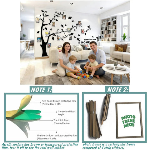 Tree Wall Decals For Living Room And Bedroom, 3D DIY Photo Frame Tree Mural, Family Photo Frame Sticker, Black Right Orientation