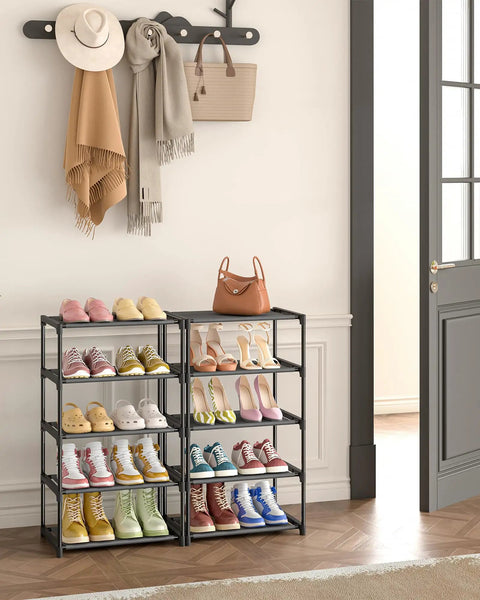 Slim 5 Tier Shoe Rack For Tight Spaces 16.3 Inch Wide Narrow Space Saving Organizer Made From Lightweight Nonwoven Fabric Holds About 10 Pairs