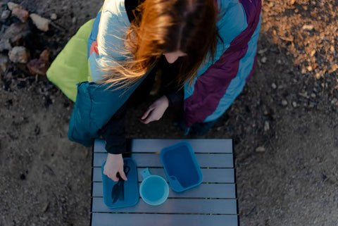 Person using Grab And Go Self Contained Mess Kit With BPA Free Construction And All In One Eating Utensils for outdoor meal