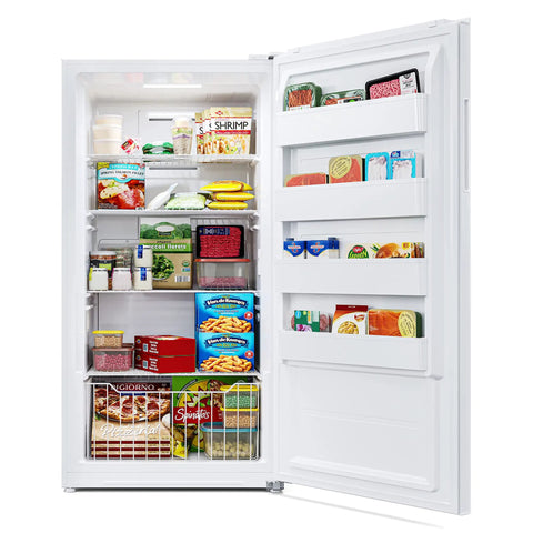 Stay Frosty With This Hella Reliable 17 Cubic Foot Upright Convertible Fridge Freezer Garage Ready Dorm Cooler featuring organized food items.