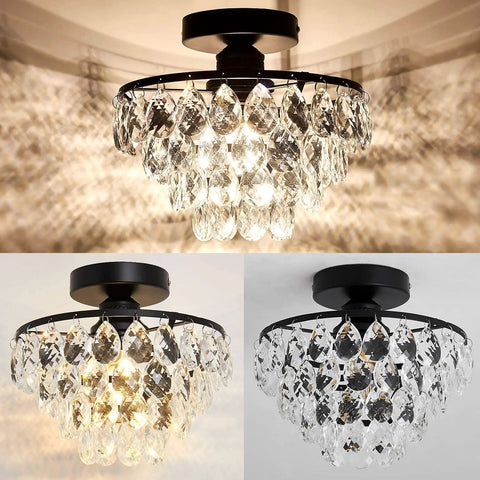 Modern Black Crystal Ceiling Light Fixture Semi Flush Mount Chandelier with sparkling glow and E26 base for various rooms.