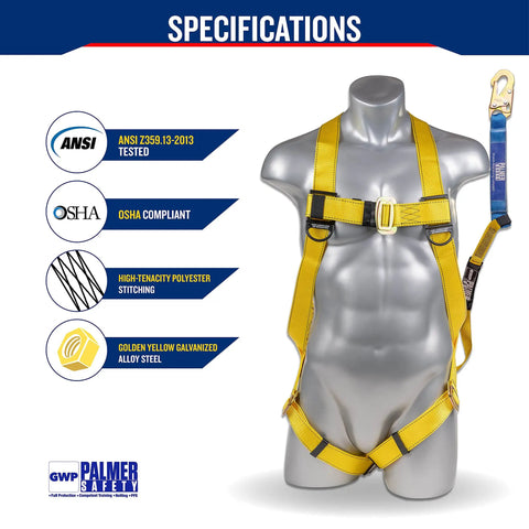 Heavy Duty Full Body Safety Harness Kit With Detachable 6 Ft Lanyard displayed on mannequin, featuring polyester and snap hook.