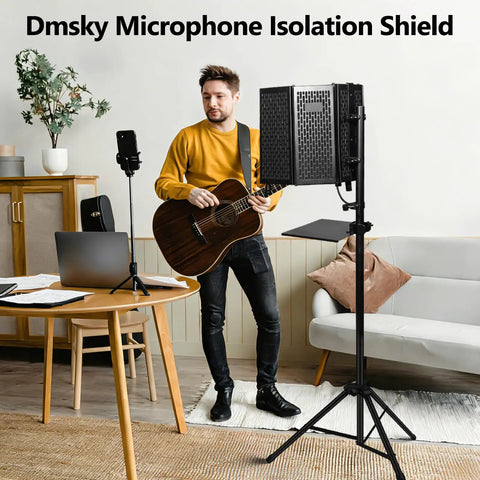 Musician with guitar using Pro Grade Microphone Isolation Shield With Pop Filter And Tripod Stand in studio setup