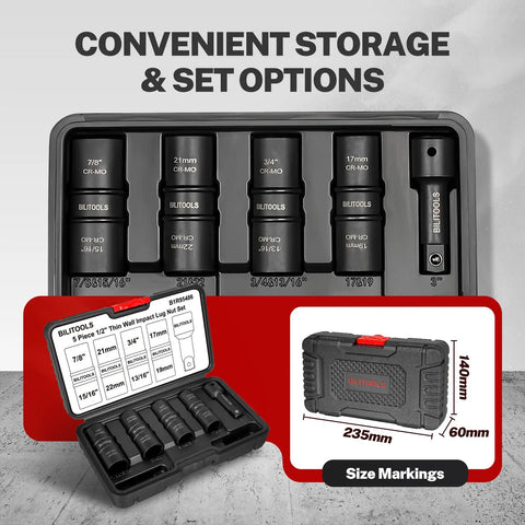 Five Piece Flip Lug Nut Socket Set For 1/2 Inch Drive Metric And SAE Non Marring Thin Wall Sockets With Chrome Moly Build