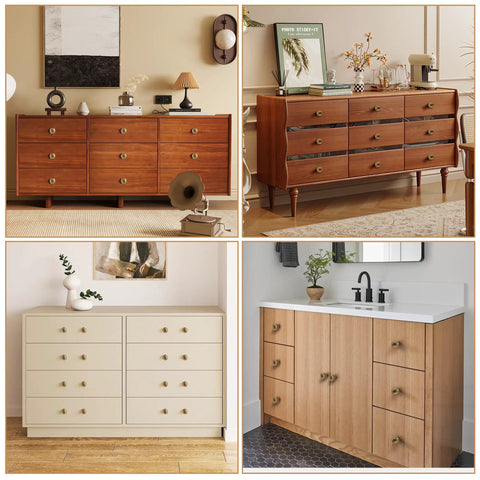 Dope Walnut Wood And Antique Brass Cabinet Knobs Set 5 Pack on dressers and vanities in modern home settings.