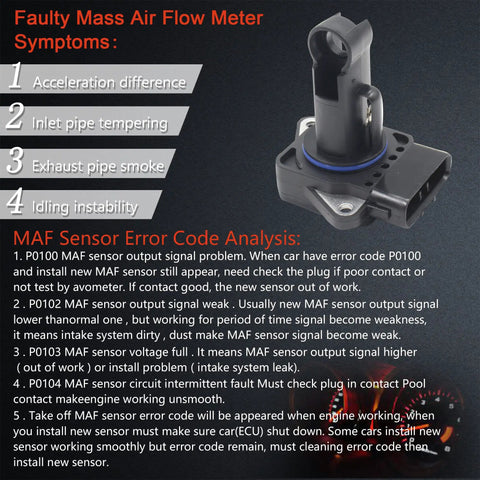 Mass Air Flow Sensor Drop In Replacement For Toyota 4Runner Camry Highlander FJ Cruiser Lexus ES330 Mazda 2 3 5 6 05 13 Replaces OE 22204 22010 22204 07010 Direct Plug In, shown with error code analysis diagram.