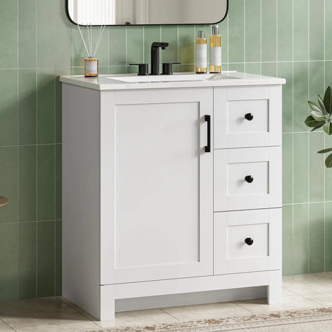 Clean Modern 30 Inch Bathroom Vanity In Bright White Matte With Integrated Sink Offering Straight Up Killer Storage Through Dual Soft Close Drawers And Solid Cabinet Door Total Upgrade For Your Space, showcased in green tiled bathroom.