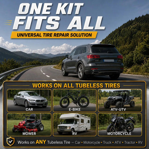 Heavy Duty Tubeless Tire Plug Kit With 61 Durable Rubber Repair Nails And Slick Tools for various vehicles on a scenic road.