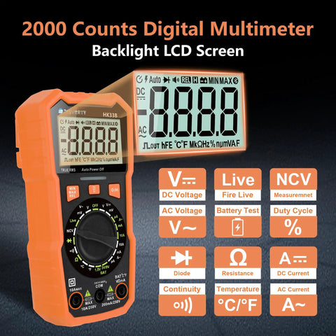 Orange All In One Digital Multimeter 2000 Count Display With AC And DC Voltage Current Ohm Diode Continuity Temperature And NCV Testing