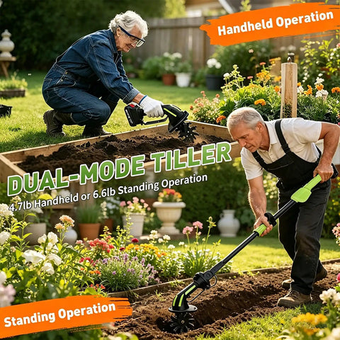 2 In 1 Cordless Tiller And Cultivator For Gardens And Lawns, 21V Battery Powered, lightweight design in handheld and standing modes