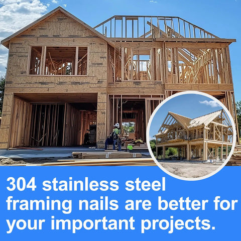 Construction site showing a house frame built with Top Shelf 304 Stainless Steel Framing Nails For Cordless Nail Guns Packing 21 Degree Collation.