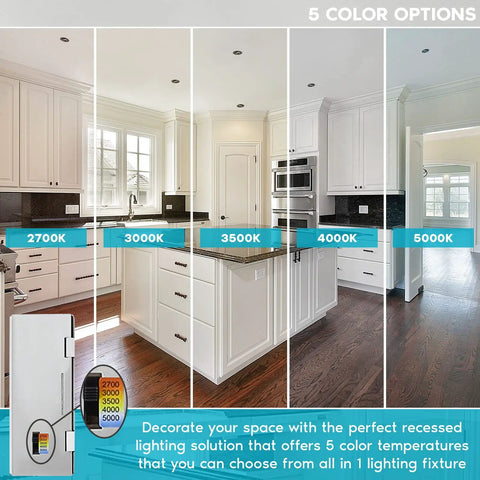 5 color temperature options for 4 Pack 3 Inch Adjustable LED Gimbal Recessed Lighting With J Box Dimmable in a kitchen setting