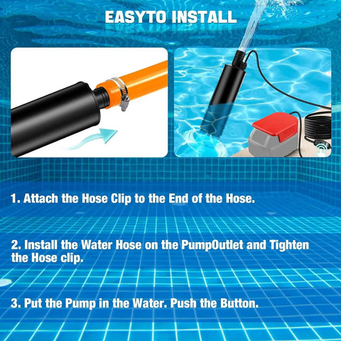 Easy setup instructions for Versatile Battery Powered Sewage Pump For Pool Drainage And Pond Care with hose clip and water hose.