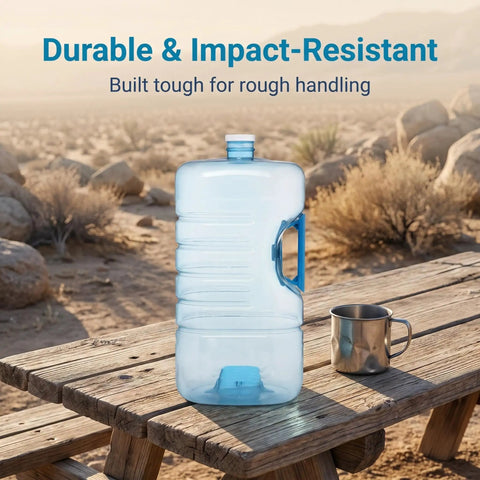 Stackable Five Gallon Water Jug With Easy Carry Handle for camping on wooden table in desert scene