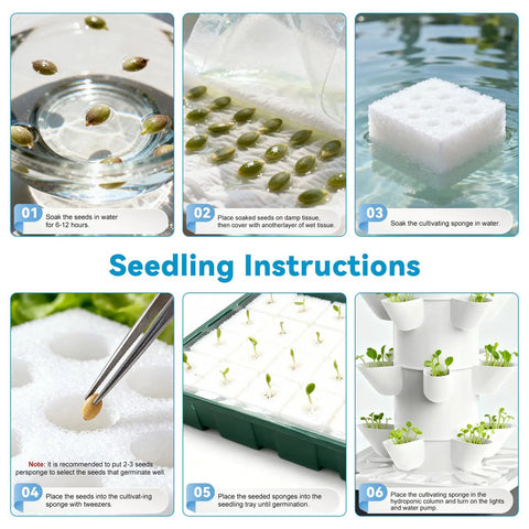 Step-by-step seedling instructions for Space Saving Vertical Hydroponic Garden Tower With 5000K Full Spectrum Grow Lights And Dual Timers
