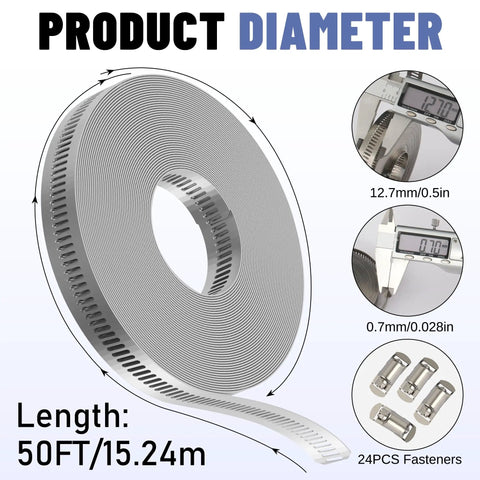 Heavy Duty Hose Clamp Kit With 50 Ft Stainless Steel Band And 24 Fasteners All In One Worm Gear Adjustable Duct Pipe Clamp Set for Plumbing Auto Fuel Line And DIY Projects Includes Wrench And Screwdriver showing 50 ft band length and fasteners.